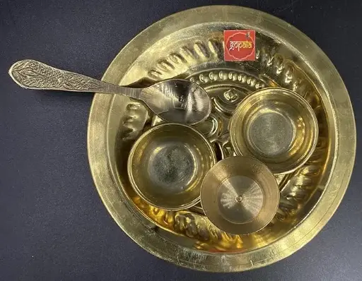 KTD Gopala Brass Bhog Thali Set Om (ॐ) Embossed For Laddu Gopal 12.3cm Approx